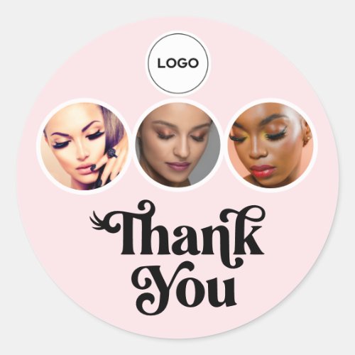 Blush Pink 3 Photo Lash Tech Logo Thank You Classic Round Sticker