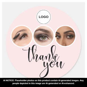 Blush Pink 3 Photo Lashes Brows Logo Thank You Classic Round Sticker