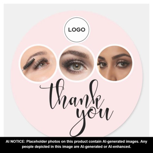 Blush Pink 3 Photo Lashes Brows Logo Thank You Classic Round Sticker