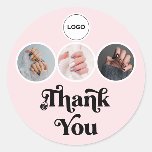 Blush Pink 3 Photo Nail Tech Logo Thank You Classic Round Sticker