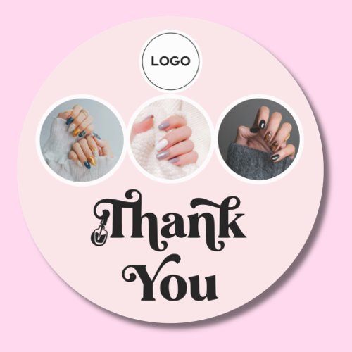 Blush Pink 3 Photo Nail Tech Logo Thank You Classic Round Sticker