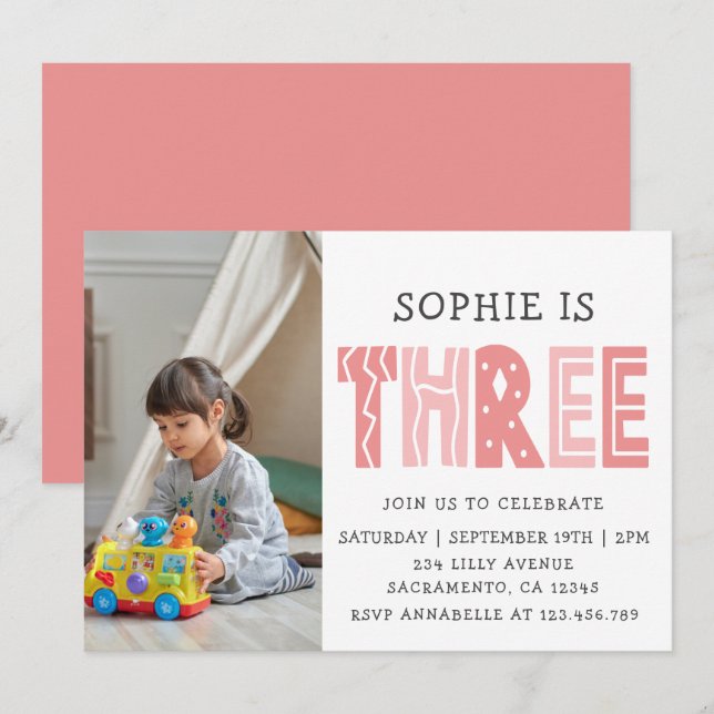 Blush Pink 3rd Birthday Photo Invitation (Front/Back)