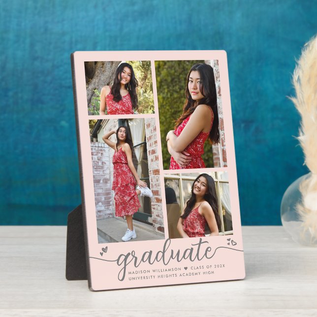 Blush Pink 4 Photo Graduation Modern Script Hearts Plaque (Creator Uploaded)