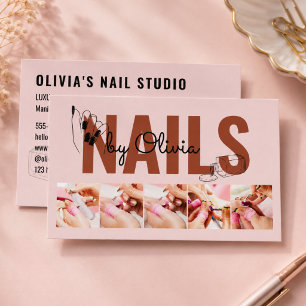 Blush Pink 5 Photo Qr-Code Line-Art Nail Salon Business Card