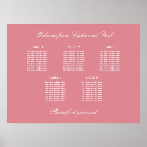 Blush Pink 5 Table Wedding Seating Chart Poster