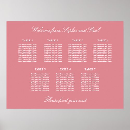 Blush Pink 7 Table Wedding Seating Chart Poster