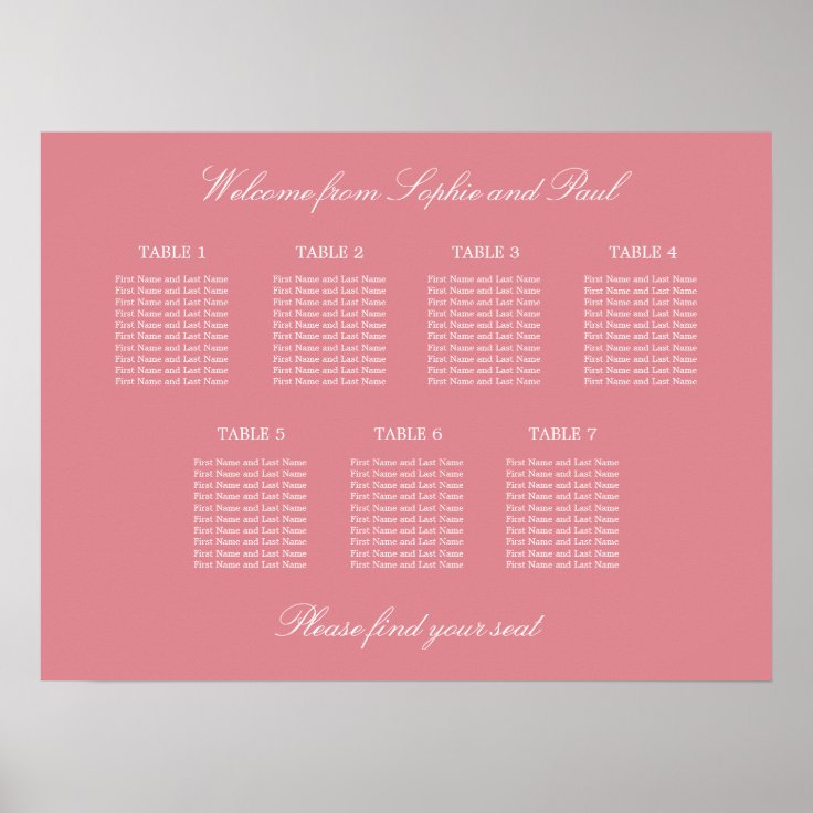 Blush Pink 7 Table Wedding Seating Chart Poster Zazzle