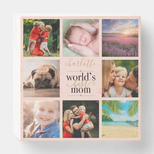 Blush Pink 8 Photo Worlds Best Mom Personalized Wooden Box Sign (Front Horizontal)