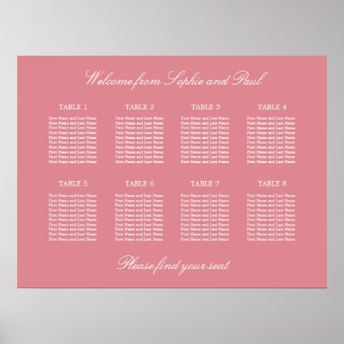 Blush Pink 8 Table Wedding Seating Chart Poster