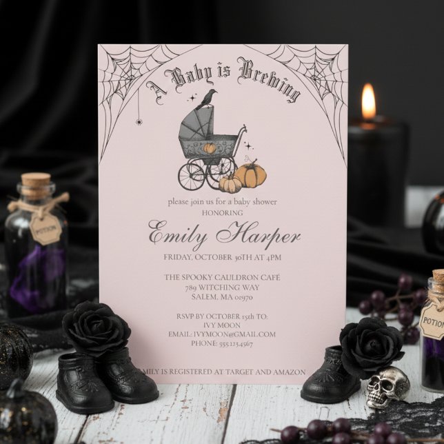 Blush Pink A Baby is Brewing Gothic Baby Shower Invitation (Gothic Girl Baby Shower Invitations. Hand Drawn Spooky Retro Stroller in Black Ink for Mother to Be.)