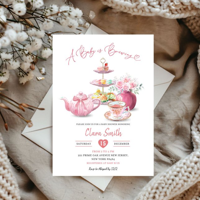 Blush Pink A Baby is Brewing High Tea Baby Shower Invitation (Creator Uploaded)