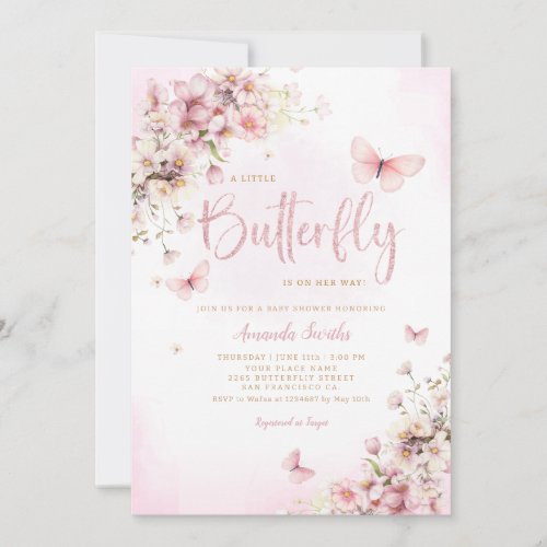 Blush Pink A Little Butterfly Girl Baby Shower Invitation