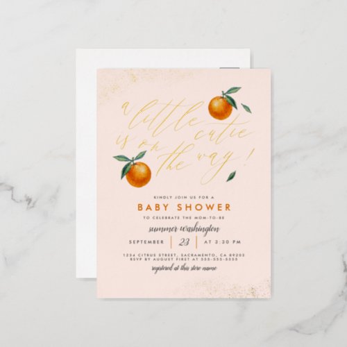 Blush Pink A Little Cutie Orange Baby Shower Foil Invitation Postcard