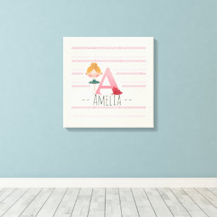 Blush Pink “A” Monogram Ballerina Art Canvas Print