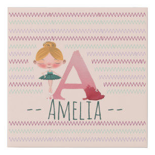 Blush Pink “A” Monogram Ballerina Art  Faux Canvas Print