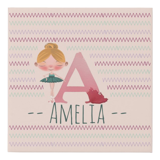Blush Pink “A” Monogram Ballerina Art  Faux Canvas Print (Front)