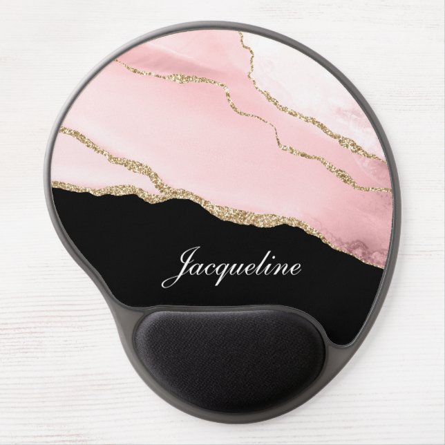 Blush Pink Abstract Watercolor Agate Gold Custom Gel Mouse Pad (Front)