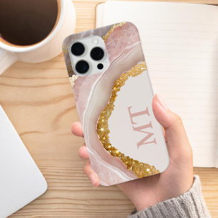 Blush Pink Agate Elegant Chic Initial Monogram iPhone 15 Pro Max Case