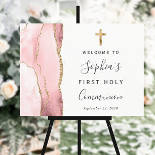 Blush Pink Agate Gold First Holy Communion Welcome Foam Board