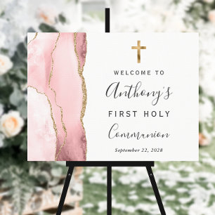 Blush Pink Agate Gold First Holy Communion Welcome Foam Board