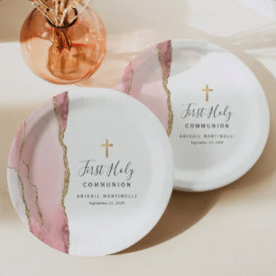 Blush Pink Agate Gold Glitter First Holy Communion Paper Plates