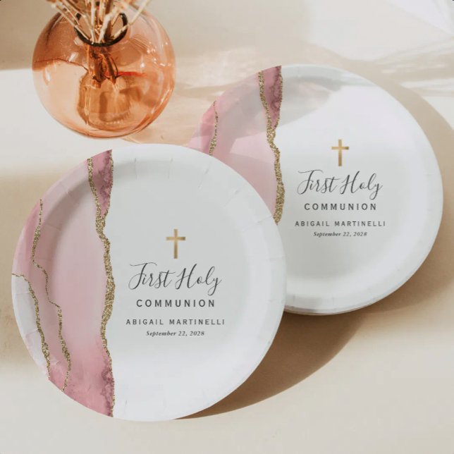 Blush Pink Agate Gold Glitter First Holy Communion Paper Plates (Creator Uploaded)
