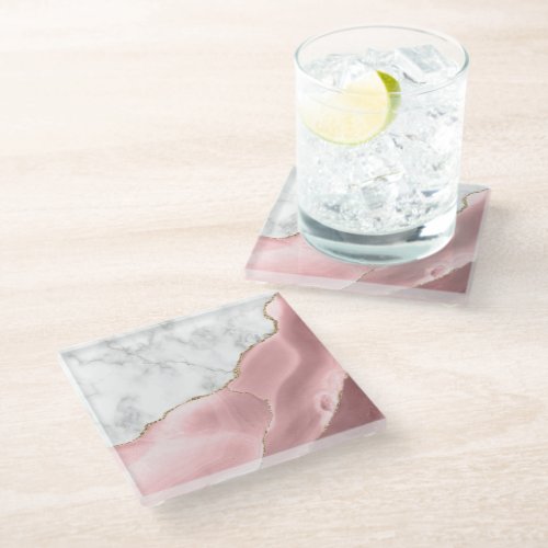 Blush Pink Agate Gold Glitter White Faux Marble Glass Coaster