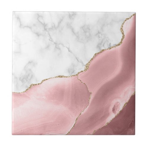 Blush Pink Agate Gold Glitter White Marble Ceramic Tile