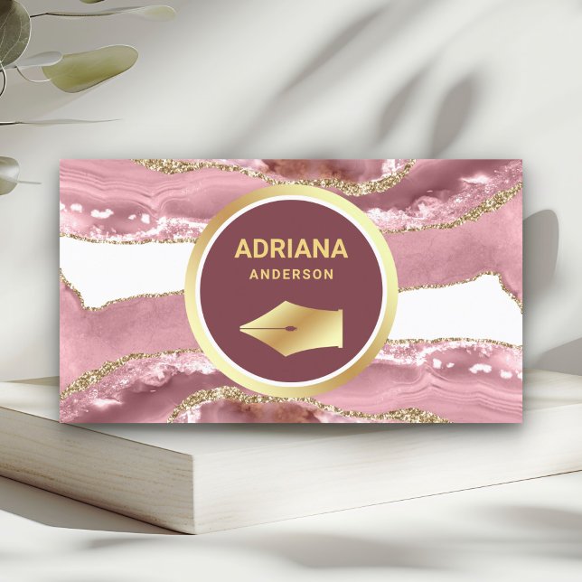 Blush Pink Agate Lawyer Attorney Gold Pen Nib Business Card (Creator Uploaded)