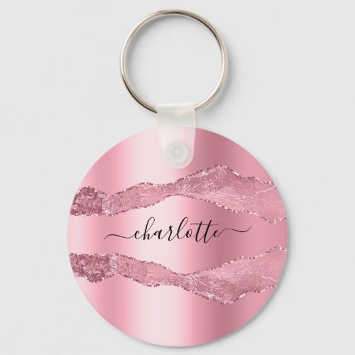 Blush pink agate marble name script keychain