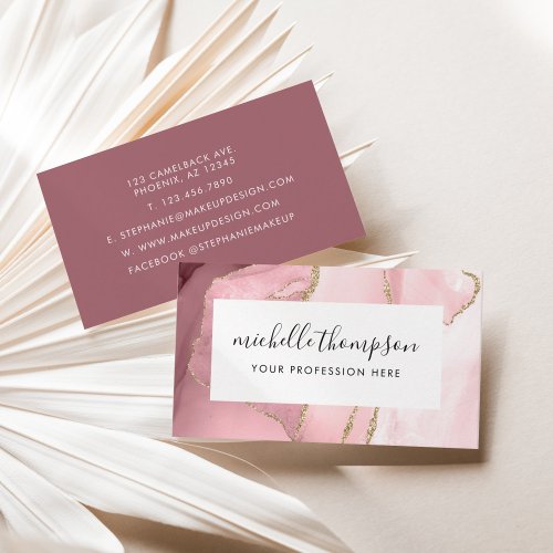 Blush Pink Agate  Rose Gold Border Watercolor Business Card