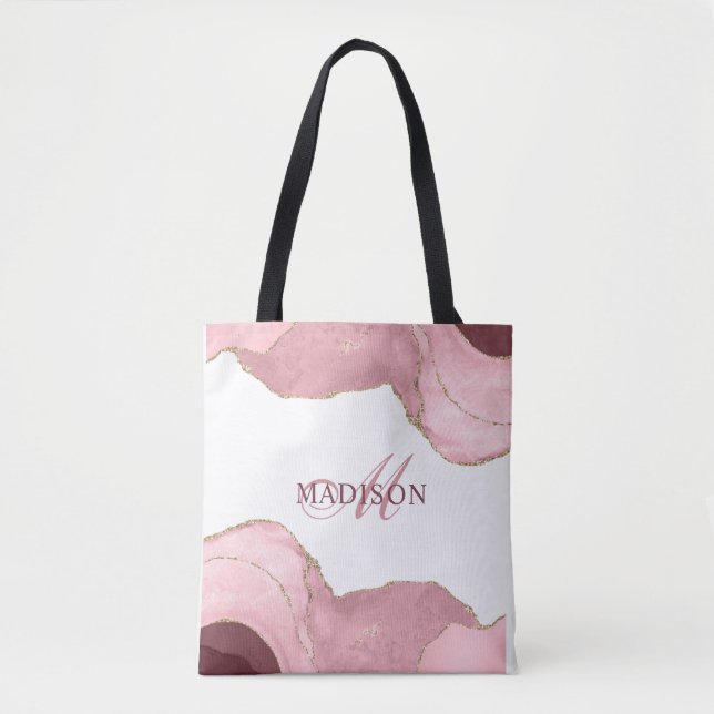 Blush Pink Agate Rose Gold Glitter Modern Monogram Tote Bag (Front)