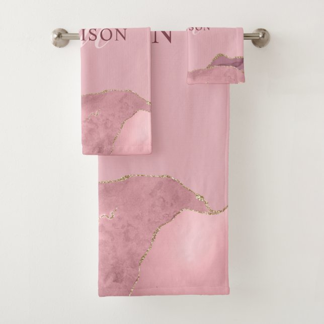 Blush Pink Agate Rose Gold Glitter Monogram Bath T Towel Set (Insitu)