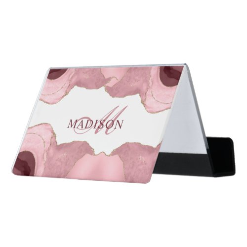 Blush Pink Agate Rose Gold Glitter Monogram Desk B Desk Business Card Holder