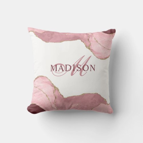 Blush Pink Agate Rose Gold Glitter Monogram  Throw Pillow