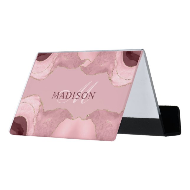 Blush Pink Agate Rose Gold Glitter Monogrammed Desk Business Card Holder (Angled Back)