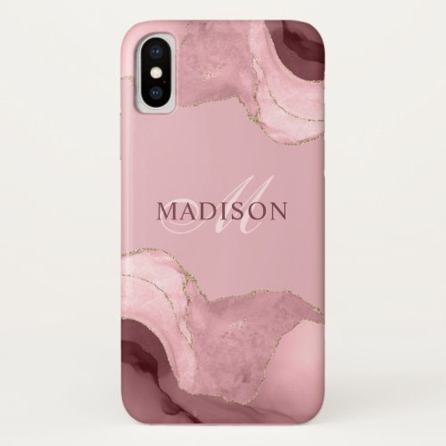 Blush Pink Agate Rose Gold Glitter Monogrammed Pla iPhone X Case