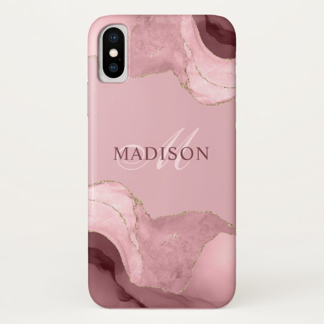 Blush Pink Agate Rose Gold Glitter Monogrammed Pla Case-Mate iPhone Case (Back)