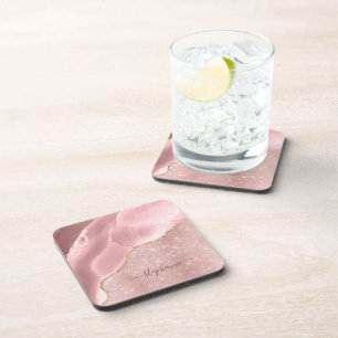 Blush Pink Agate Sparkle Glam Monogram Beverage Coaster