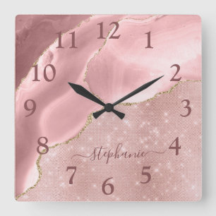 Blush Pink Agate Sparkle Glam Monogram Square Wall Clock
