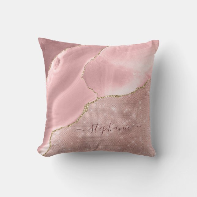 Blush Pink Agate Sparkle Glam Monogram Throw Pillow (Front)