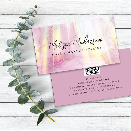 Blush Pink Agate Stone Luxe QR Code Business Card