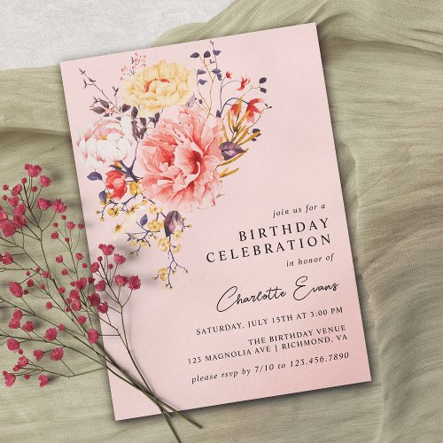 Blush Pink  Airy Floral Any Age Adult Birthday Invitation