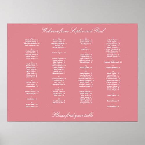 Blush Pink Alphabetical Seating Chart Poster