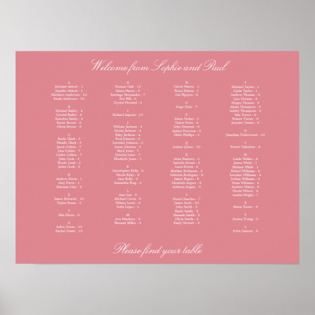 Blush Pink Alphabetical Seating Chart Poster (Front)