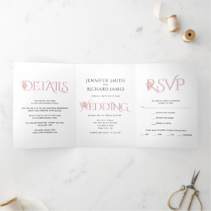 Blush pink ampersand with pink roses wedding Tri-Fold invitation