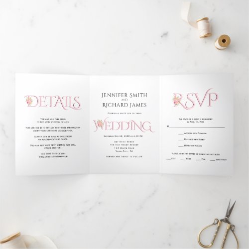 Blush pink ampersand with pink roses wedding Tri_Fold invitation