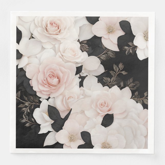 Blush pink and black floral paper dinner napkins (Front)