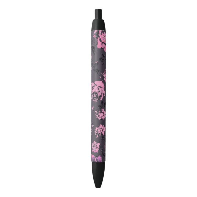 Blush Pink and Black Floral Print Rustic Roses Pen (Front Vertical)