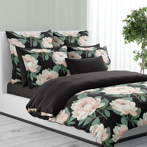 Blush Pink And Black Peonies Floral  Duvet Cover